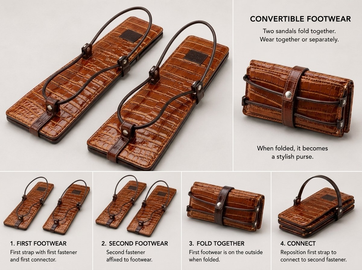 How the Tuck sandals fold into a purse, four steps